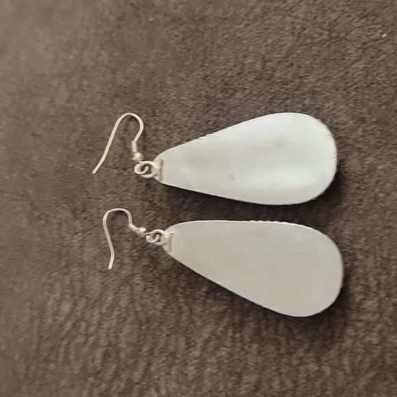 Tibetan Silver Turquoise Coral Mosaic Teardrop Dangle Festival Earrings - Picture 4 of 4